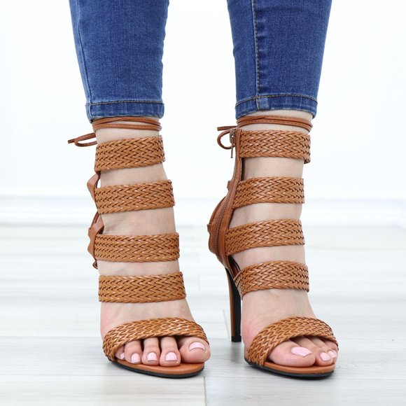 Glam Gladiator Style Strappy Brown High Heel Stiletto Sandals - Picture 2 of 12
